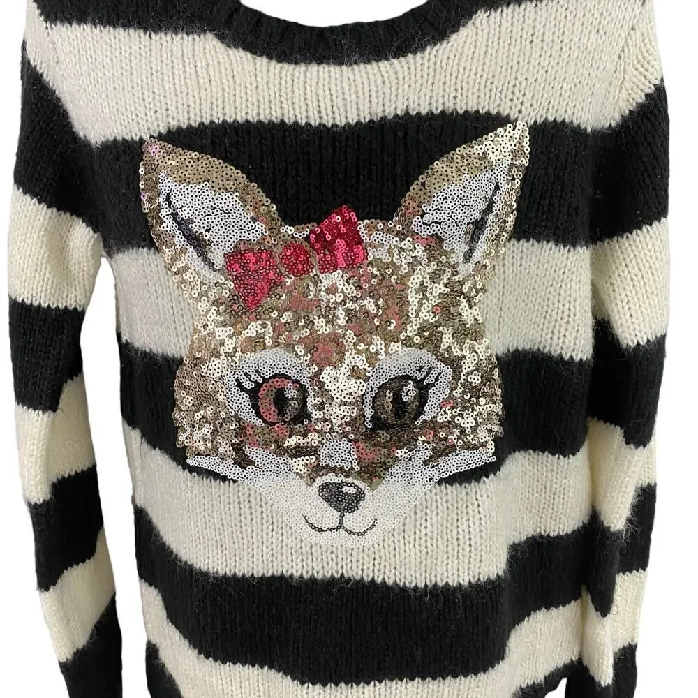 Justice Sequin Critter Fox Black White Striped Sweater Size 20